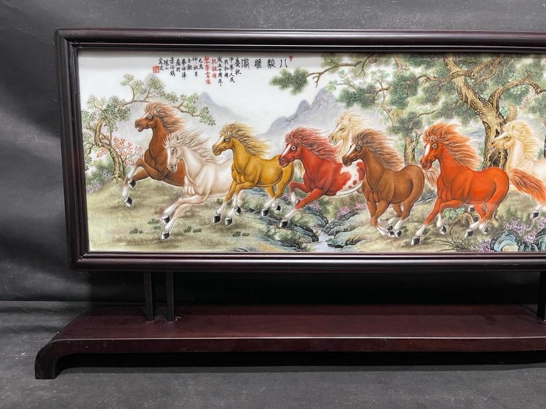 Bi Botao Famille Rose "Eight Horses Heroes" Plaque Celebrating the 10th Anniversary of the PRC: Bi Botao Famille Rose "Eight Horses Heroes" Plaque Celebrating the 10th Anniversary of the PRC A distinguished famille rose porcelain plaque inspired by Bi Botao, a prominent member of the Zh