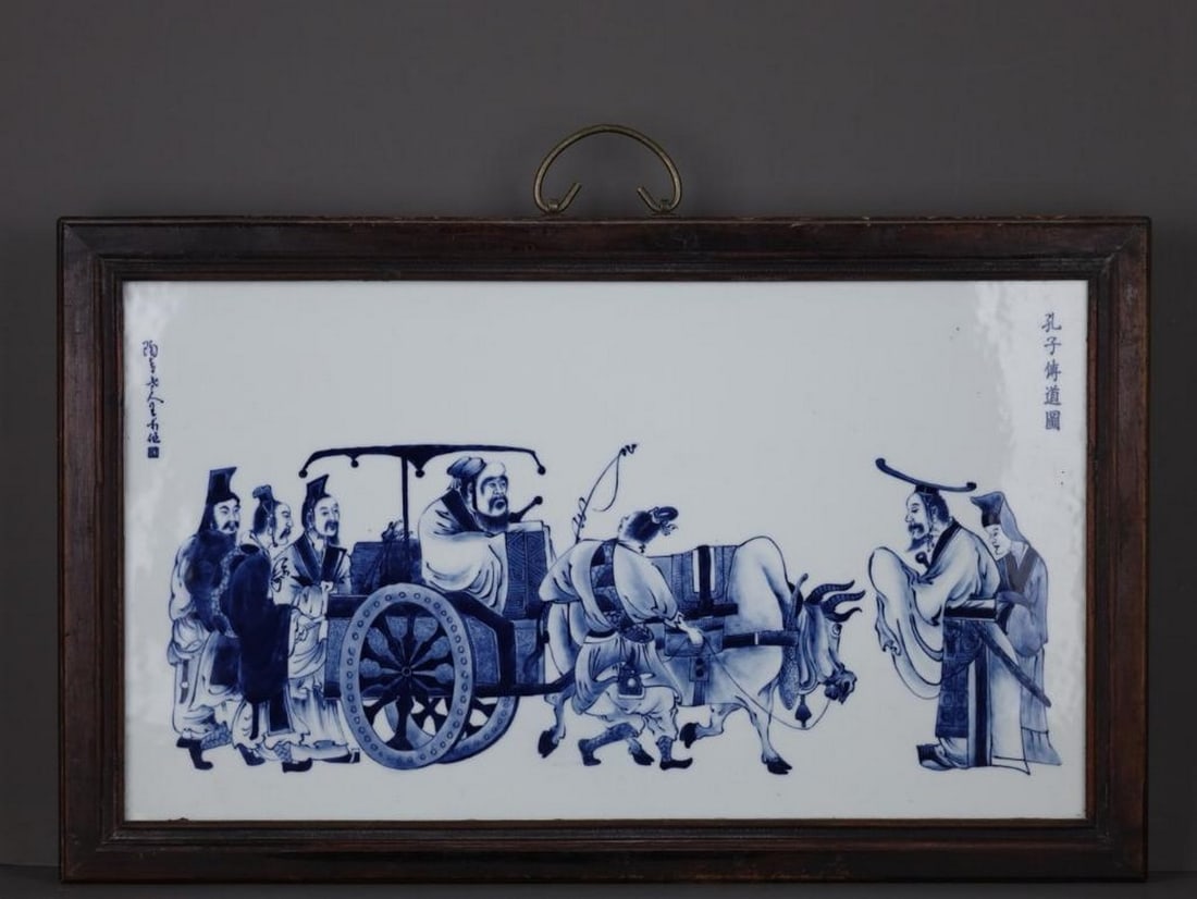 Wang Bu Blue and White Porcelain Plaque: Wang Bu Blue and White Porcelain Plaque This is a blue and white porcelain plaque in the style of renowned artist Wang Bu, depicting Confucius preaching to his disciples. This high-quality replica p
