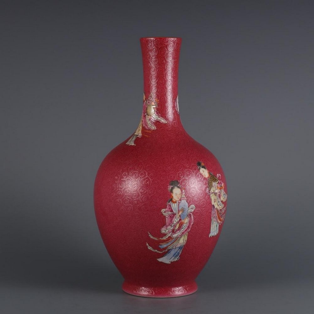 Inspired Qianlong Carmine-Ground Famille Rose Gall Bottle with Seven Fairies (1 of 9)