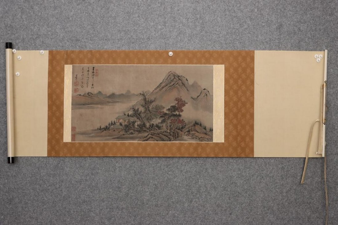 Inspired Dong Qichang Landscape Scroll in Wooden Box: Inspired Dong Qichang Landscape Scroll in Wooden Box This inspired landscape scroll by Dong Qichang exemplifies his elegant brushwork and scholarly composition. Rooted in classical literati traditions