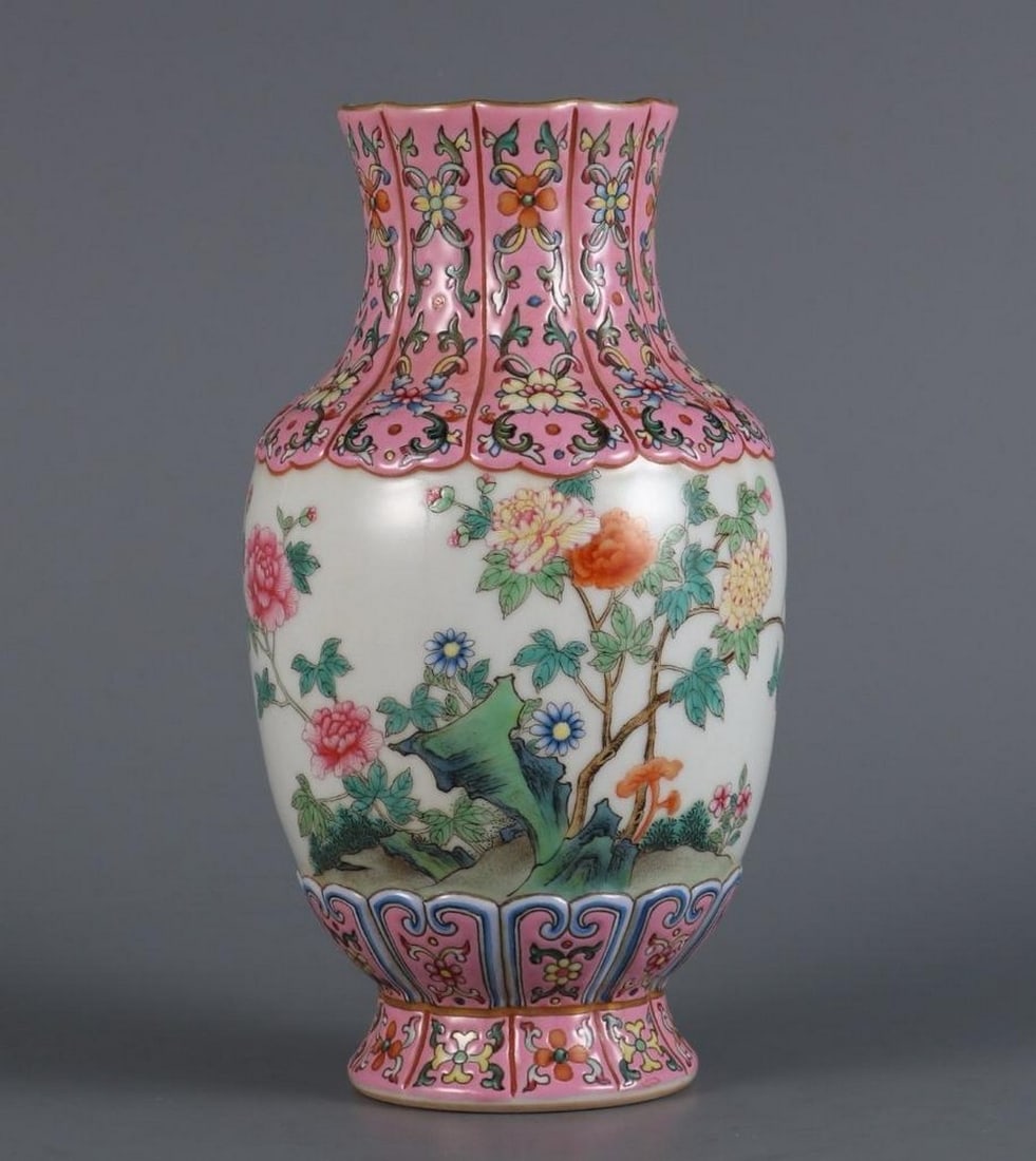 Inspired Qing Qianlong Famille Rose Melon Vase with Peony Pattern and Poetic Inscription (1 of 8)