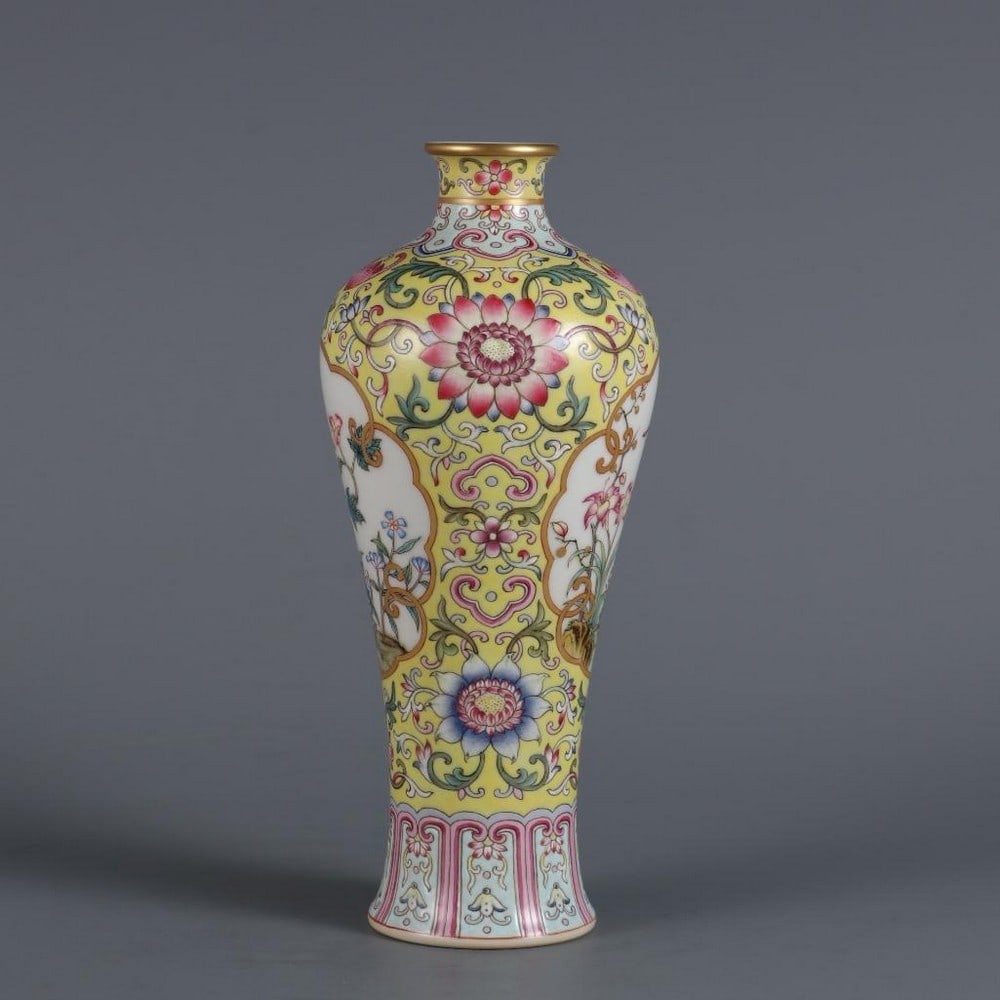 Inspired Qing Yongzheng Yellow Ground Famille Rose Small Plum-Shaped Bottle: Inspired Qing Yongzheng Yellow Ground Famille Rose Small Plum-Shaped Bottle This inspired small plum-shaped bottle from the Yongzheng period of the Qing Dynasty features a vibrant yellow ground adorne