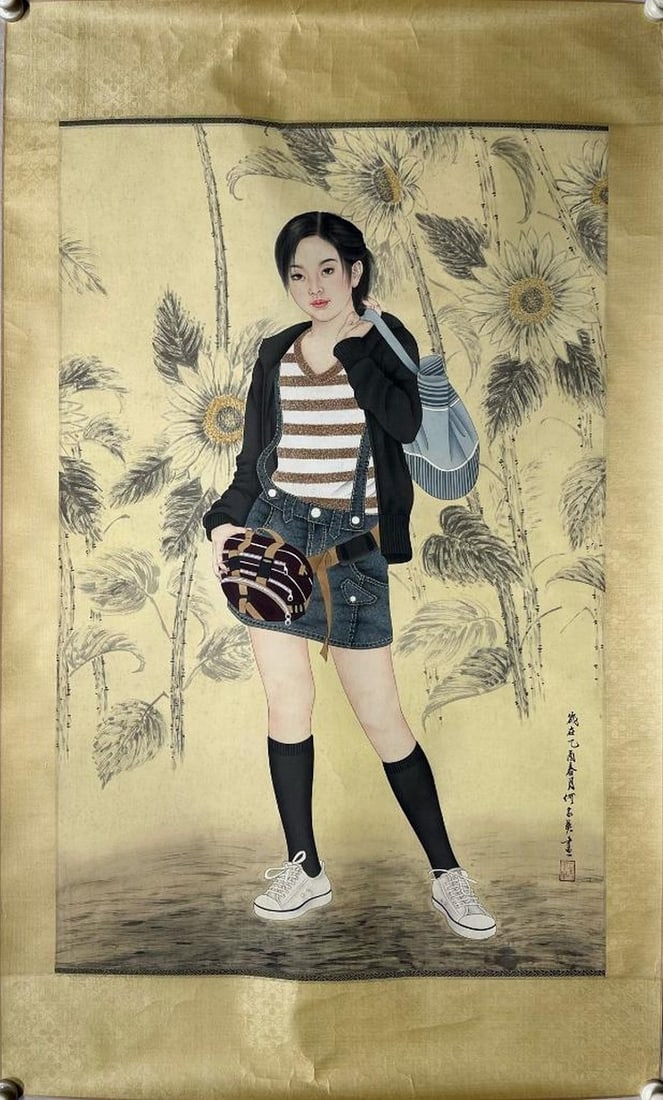 Inspired Ho Ka Ying Hand-Painted Girl on Paper Scroll: Inspired Ho Ka Ying Hand-Painted Girl on Paper Scroll This inspired Ho Ka Ying hand-painted artwork captures the delicate beauty of a young girl, rendered with exquisite detail and grace. The artist&#