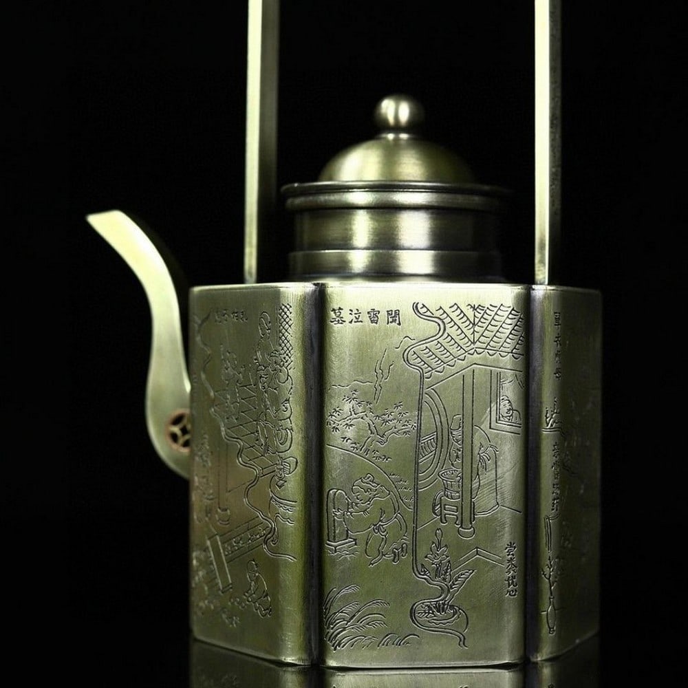 Antique White Copper Hexagonal Beam Pot with Engravings of Twenty-Four Filial Piety Stories (1 of 9)