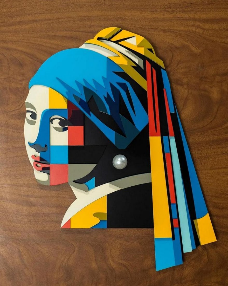 Geometric Inspired Girl with a Pearl Earring – Modern Wooden Wall Art: Geometric Inspired Girl with a Pearl Earring – Modern Wooden Wall Art A timeless masterpiece reimagined—this handcrafted wooden wall art brings Vermeer’s iconic Girl with a Pearl Earring into a