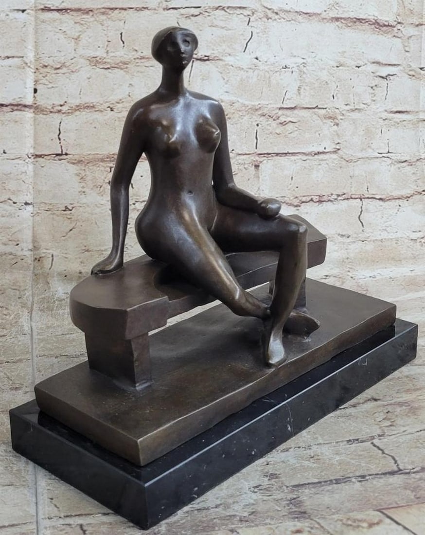 Abstract Nude Women on Park Bench Inspired Bronze Statue - 10.5" x 11": Abstract Nude Women on Park Bench Inspired Bronze Statue - 10.5" x 11" Inspired by the renowned Henry Moore, this sculpture masterfully blends abstraction with realism. The seated woman, wit