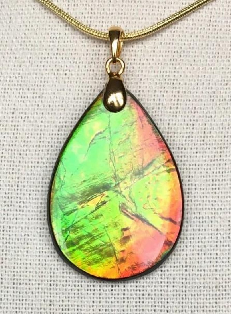 Amber Inferno Ammolite Pendant: Amber Inferno Ammolite Pendant This is an ammolite pendant with a gem in autumn colors. It has been hand polished with no resin coating, and hangs from a sterling silver bail with a gold wash