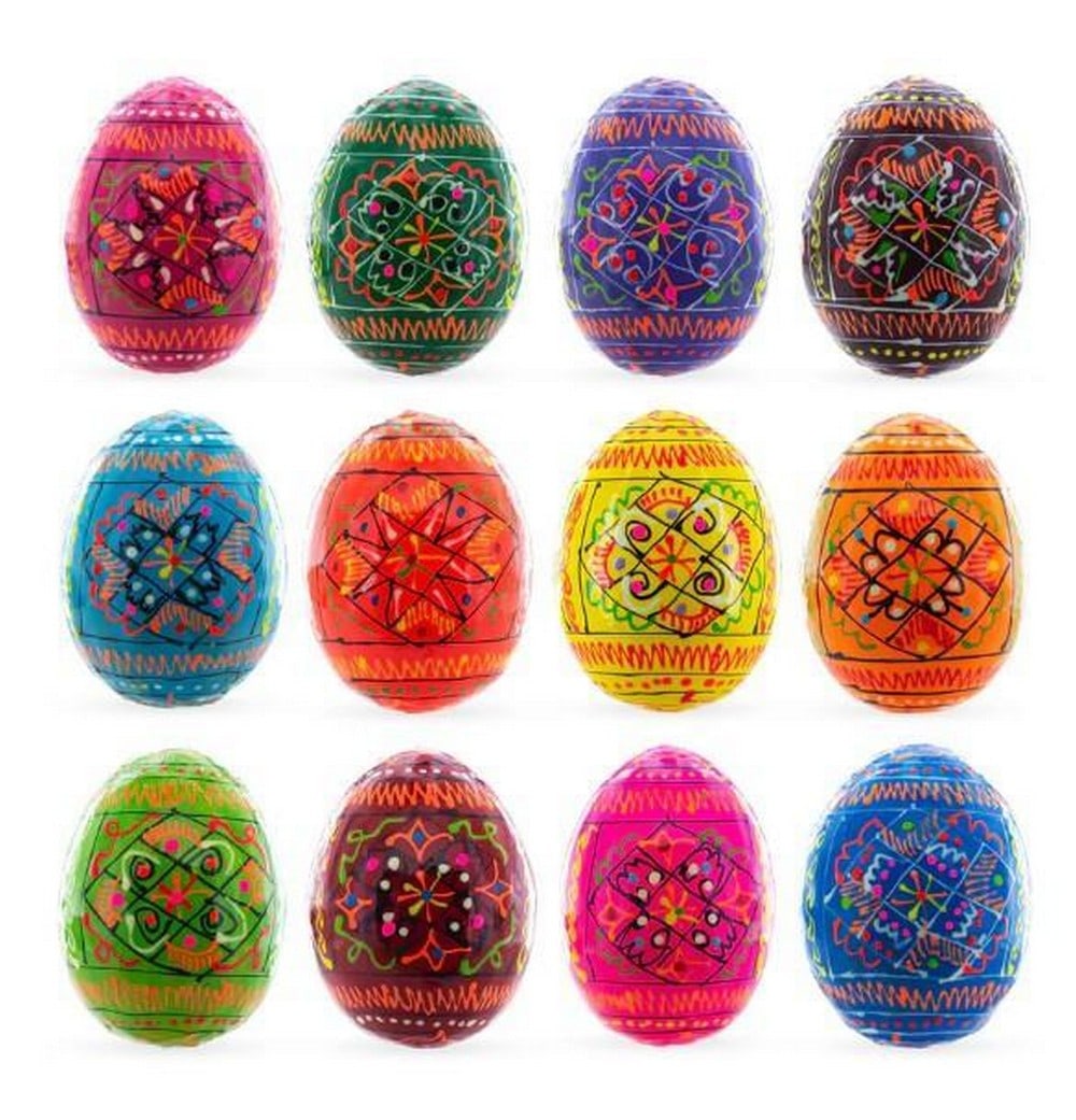 Kaleidoscope of Color Wooden Easter Eggs, Ukrainian Folk Art: Kaleidoscope of Color – Set of 12 Geometric Wooden Easter Eggs, Ukrainian Folk Art. Add a touch of Ukrainian artistry to your Easter celebrations with this stunning set of 12 wooden eggs, each hand