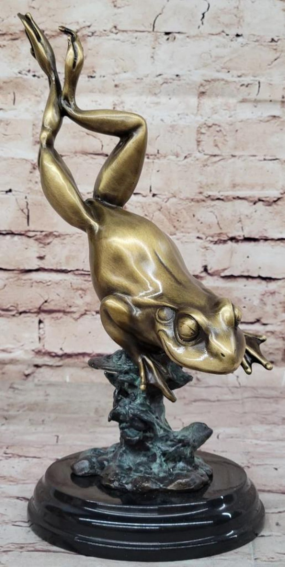 Original Golden Patina Leaping Frog Bronze Sculpture On Marble Base - 13" x 11": Original Golden Patina Leaping Frog Bronze Sculpture On Marble Base - 13" x 11" This collector's edition bronze frog figurine statue sculpture, created by the renowned artist Milo, is a m