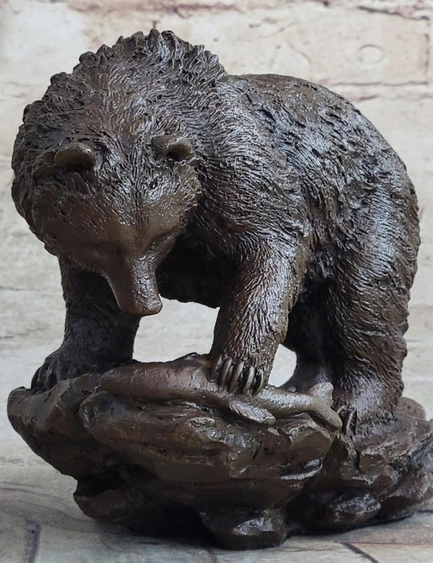 Bear with Salmon Bronze Sculpture Signed by Milo - 6" x 6": Bear with Salmon Bronze Sculpture Signed by Milo - 6" x 6" Capture the raw power of nature with the Bear with Salmon Bronze Sculpture. This striking piece depicts a burly bear, fresh from hibe