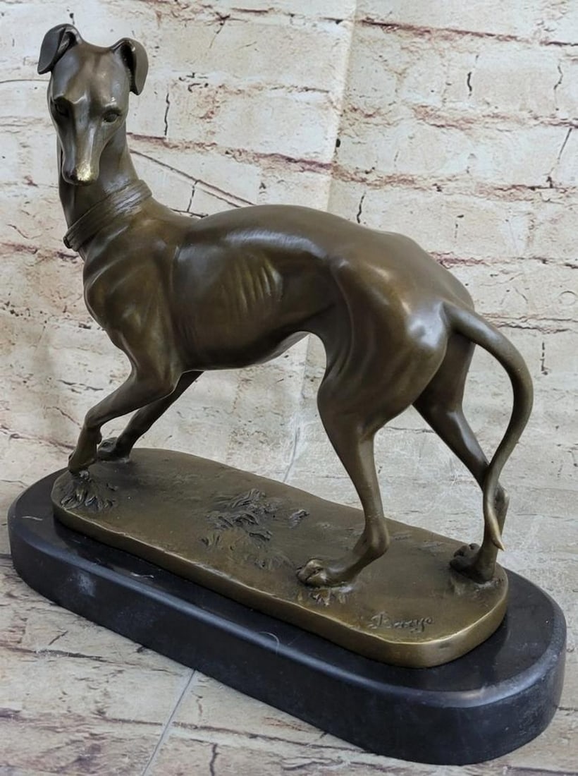 Whippet Greyhound Inspired Bronze Statue - 11" x 12": Whippet Greyhound Inspired Bronze Statue - 11" x 12" This elegant bronze statue captures the slender and graceful form of a Whippet Greyhound in mid-stride. The fine detailing highlights the