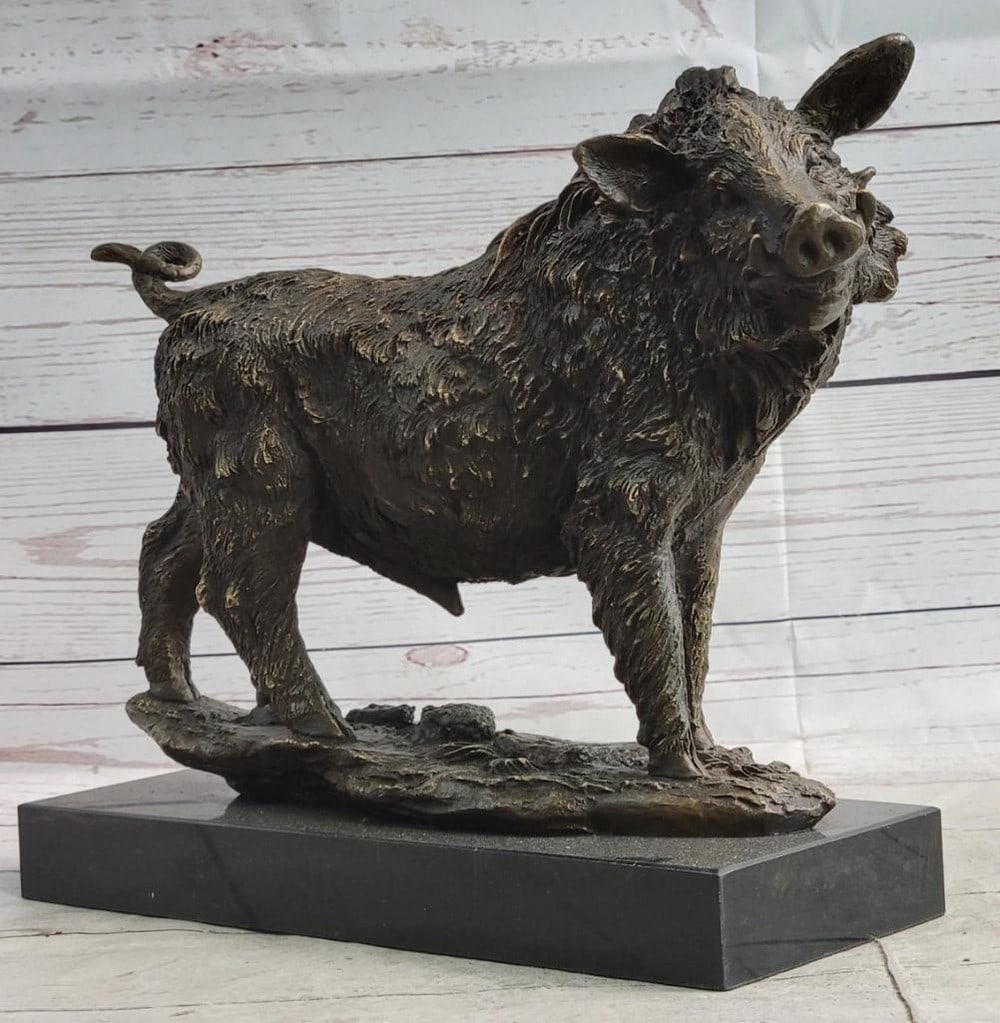 Barye Inspired Wild Boar Bronze Sculpture On Marble Base - 10" x 14": Barye Inspired Wild Boar Bronze Sculpture On Marble Base - 10" x 14" This stunning handmade bronze sculpture depicts a wild boar emerging from the forest to forage in the late afternoon. With
