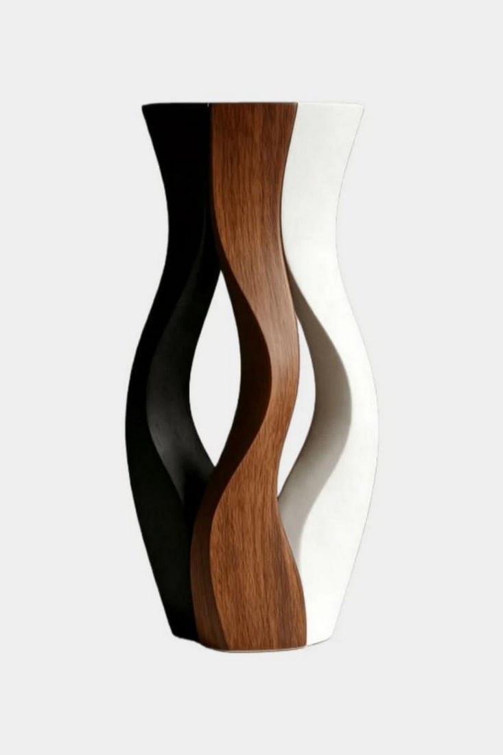 “Interwoven Harmony?? – Contemporary Wooden Vase: “Interwoven Harmony” – Contemporary Wooden Vase A sculptural exploration of contrast and flow, this vase features three interlacing vertical forms that create a striking sense of movement an