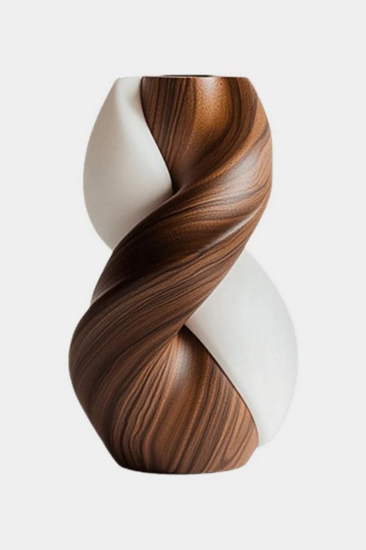 “Spiral Drift?? – Contemporary Wooden Vase: “Spiral Drift” – Contemporary Wooden Vase A graceful twist of form and finish, this sculptural vase embodies movement frozen in time. Its helical silhouette weaves together two distinct surf