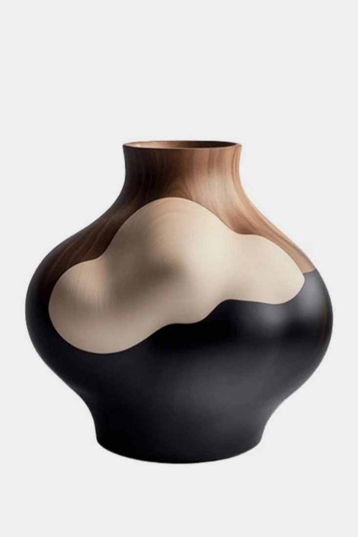 “Driftveil?? – Contemporary Wooden Vase: “Driftveil” – Contemporary Wooden Vase A sculptural meditation on contrast and flow, this handcrafted vase features a rounded body that tapers into a slender neck. The surface reveals a stri