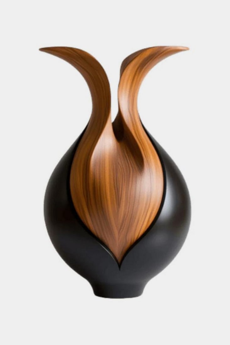 “Ember Bloom?? – Contemporary Wooden Vase: “Ember Bloom” – Contemporary Wooden Vase A striking fusion of grounded form and upward motion, this sculptural vase features a matte black bulbous base from which two polished wooden element