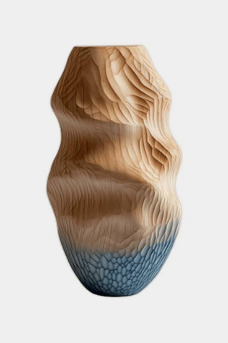 “Shoreline Echo?? – Contemporary Wooden Vase: “Shoreline Echo” – Contemporary Wooden Vase A tactile meditation on land and sea, this sculptural vase features flowing carved lines that ripple like wind-swept dunes or layered sediment. Th