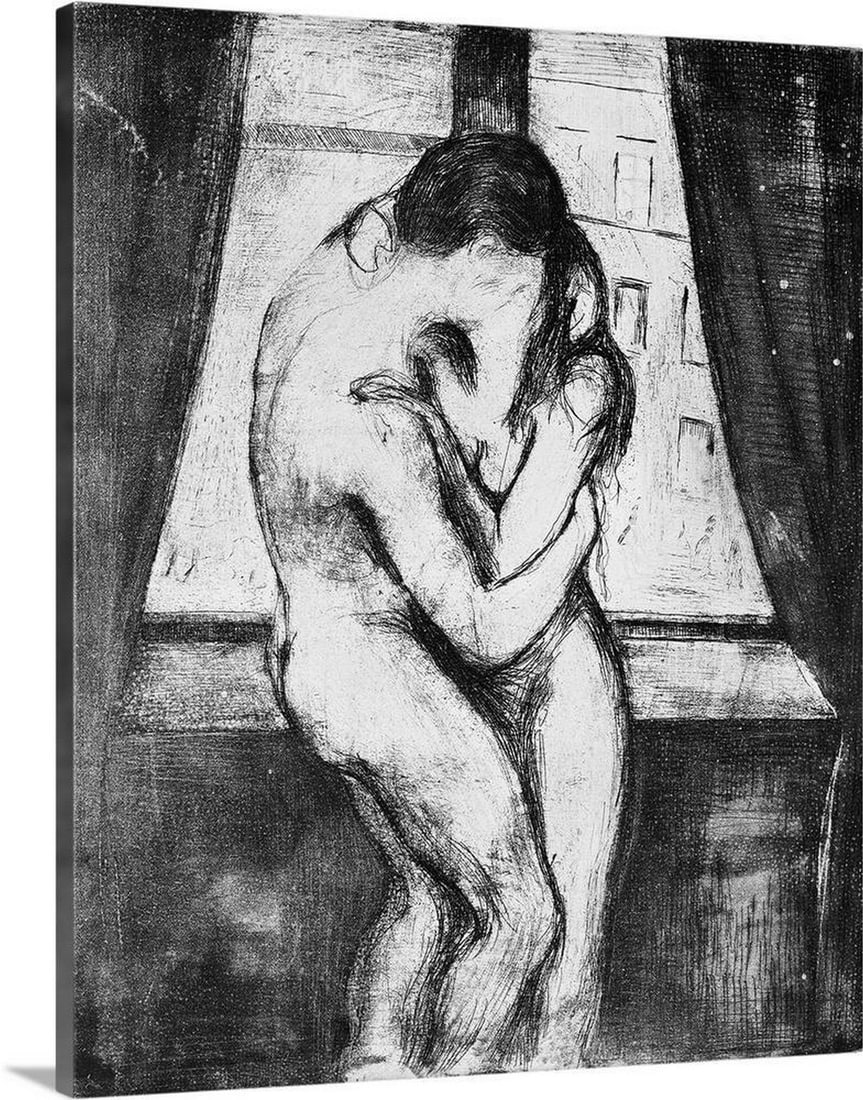 The Kiss Canvas Print Reproduction – 20" × 24": The Kiss Canvas Print Reproduction – 20" × 24" Created by Edvard Munch in 1895, this artwork is based on his original etching, drypoint, and aquatint. The piece depicts a tender moment of