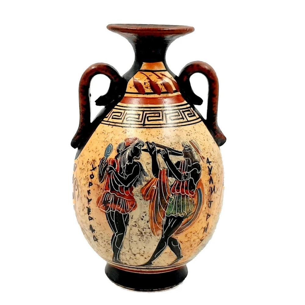 Dancing Girl and Aulitris with Apollo Amphora Replica, Multicolor Sea-Worn Style: Dancing Girl and Aulitris with Apollo Amphora Replica, Multicolor Sea-Worn Style Enhance your decor with a ceramic amphora replica, a two-handled storage and transport jar executed in a multicolored s