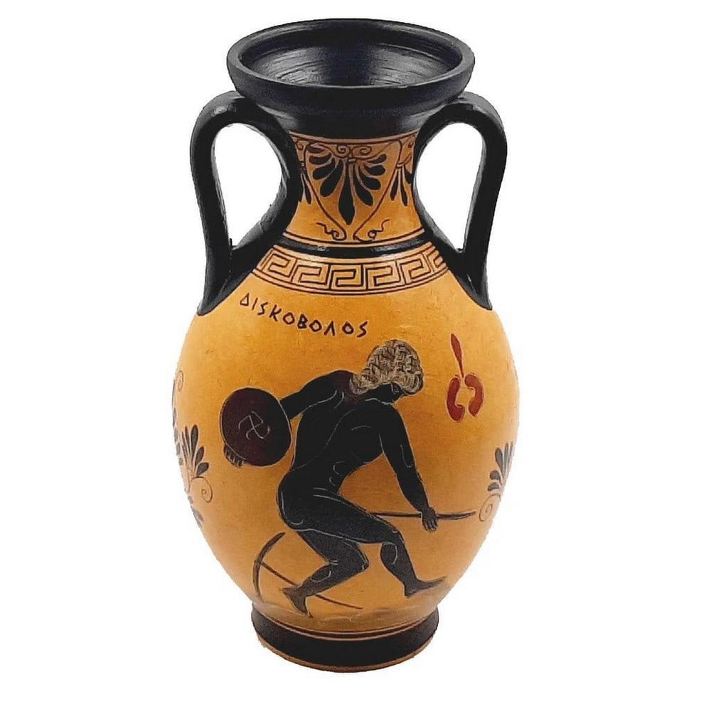 Ancient Greek Athletics Vase Replica – 26cm: Ancient Greek Athletics Vase Replica – 26cm Experience this Ancient Greek Pottery Vase Replica, a hand-painted piece inspired by classical ceramic vessels. One side depicts athletic scenes from the