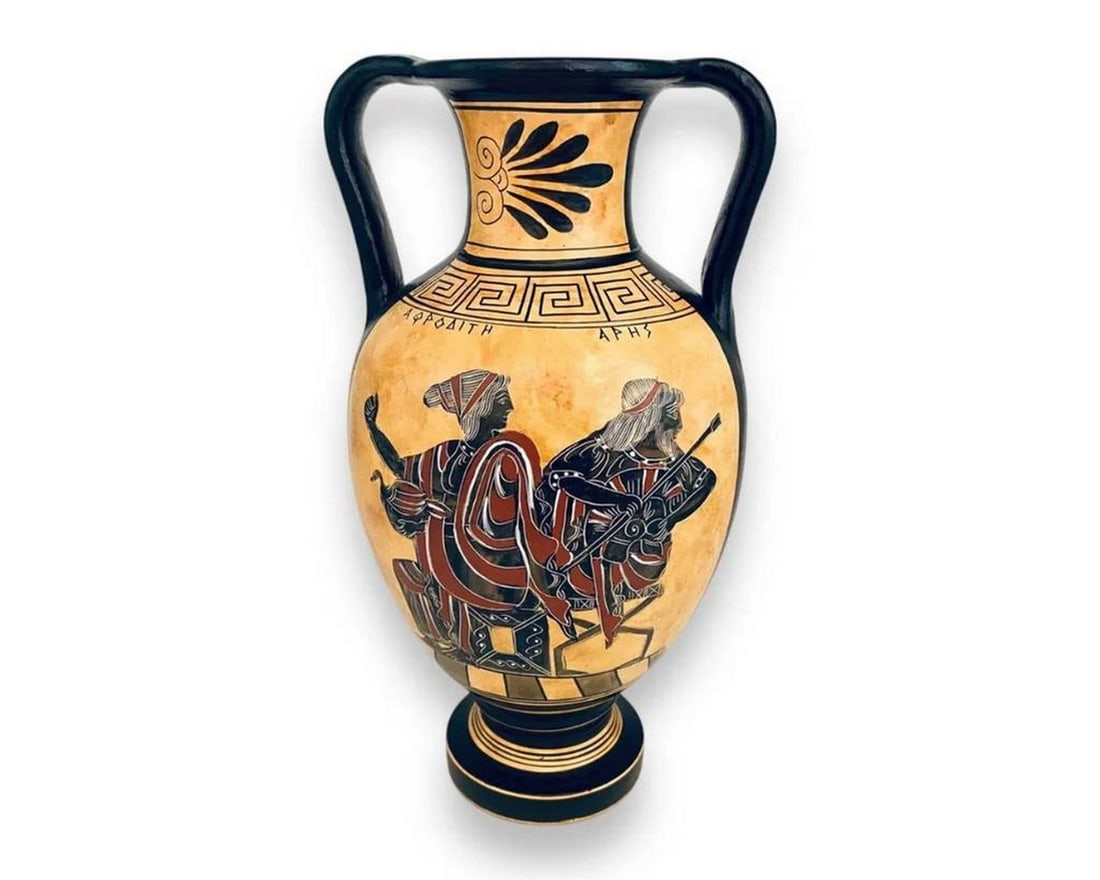 Amphora Vase – Black Figure Pottery, Ares with Aphrodite & Hephaestus with Thetis Replica: Amphora Vase – Black Figure Pottery, Ares with Aphrodite & Hephaestus with Thetis Replica This reproduction amphora is decorated in the black-figure style, a hallmark of ancient Greek pottery wh
