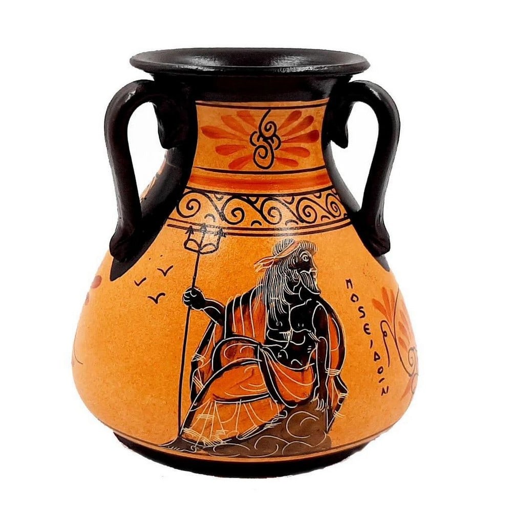 Ancient Greek 3-Handled Vase Replica – God Poseidon and Goddess Athena: Ancient Greek 3-Handled Vase Replica – God Poseidon and Goddess Athena Experience this Ancient Greek 3-Handled Vase Replica, a hand-painted reproduction inspired by classical pottery. The main desig