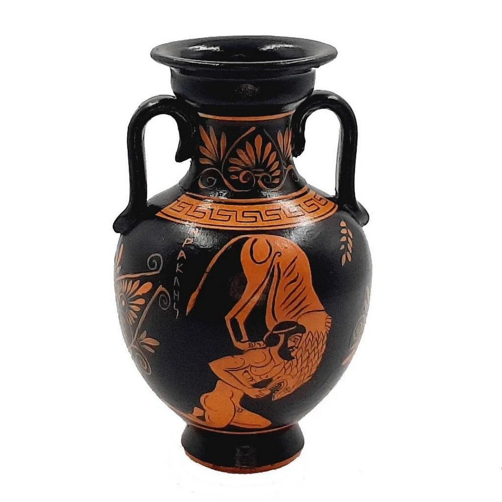 Red Figure Amphora Replica 17cm – Hercules with Nemean Lion: Red Figure Amphora Replica 17cm – Hercules with Nemean Lion Experience this Red Figure Amphora Replica, a hand-painted reproduction inspired by classical Greek pottery. The front depicts Hercules b