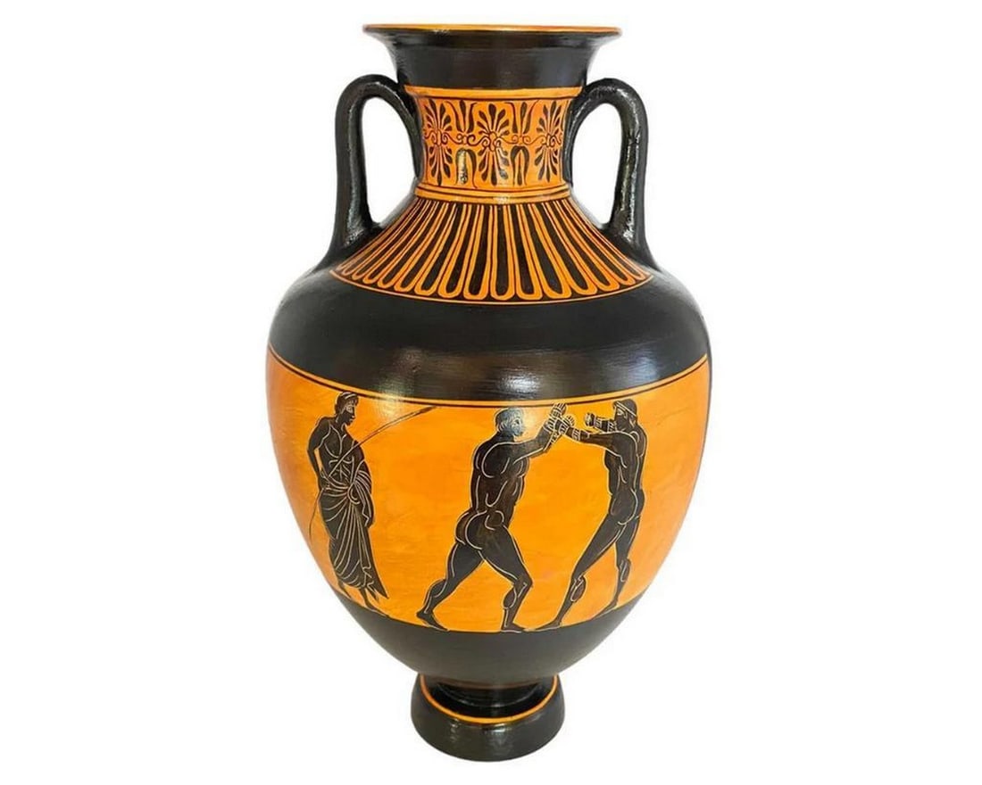 Black-Figure Panathenaic Amphora – Goddess Athena and Boxing Scene Replica: Black-Figure Panathenaic Amphora – Goddess Athena and Boxing Scene Replica This 32 cm Panathenaic amphora reproduction, attributed to the Marsyas Painter (340 B.C.), is a black-figure vase depicting