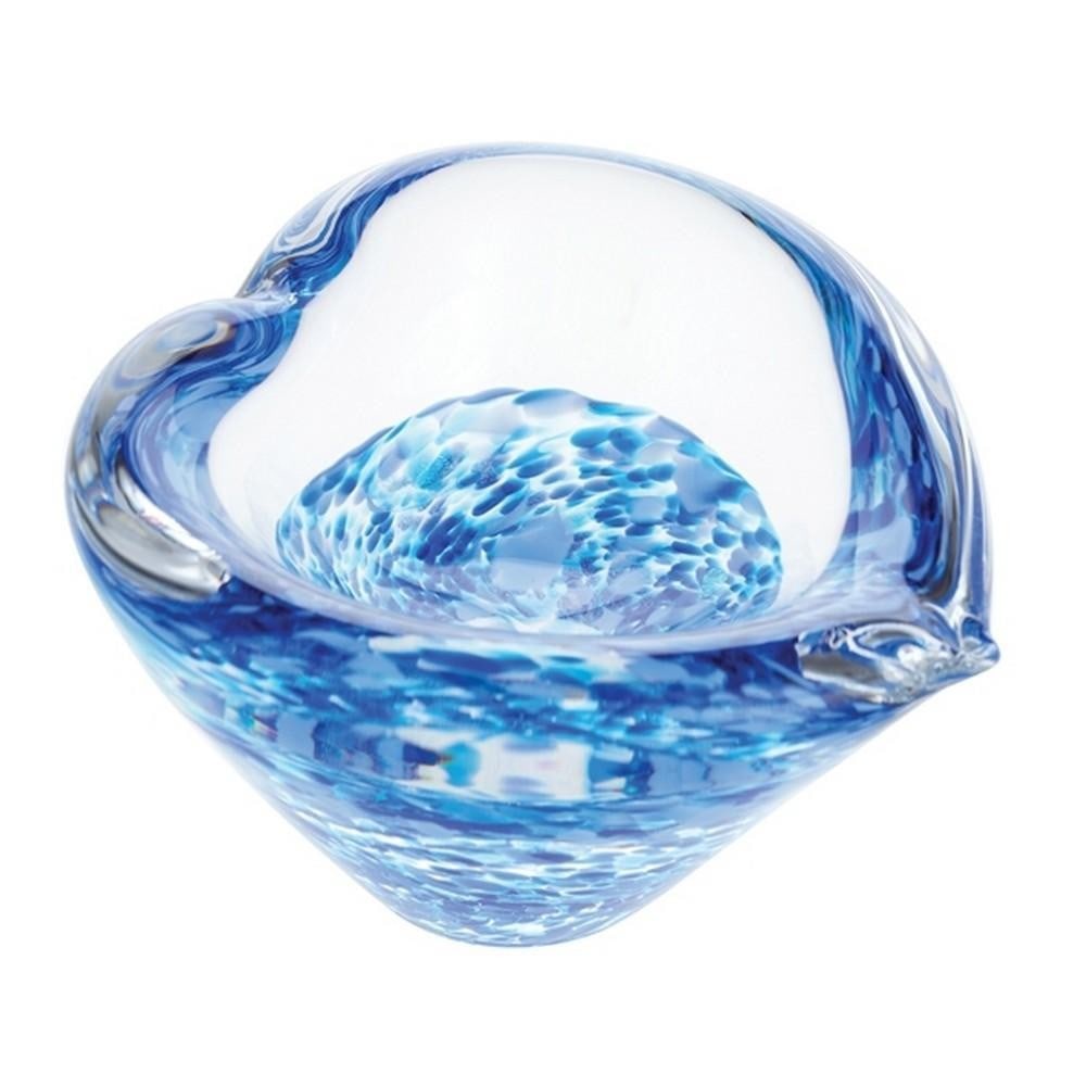 Deep Sapphire Heart Bowl: Deep Sapphire Heart Bowl A handcrafted glass bowl featuring swirling shades of rich sapphire blue, converging at a heart-shaped dip in the center. Each piece is carefully shaped by skilled artisans