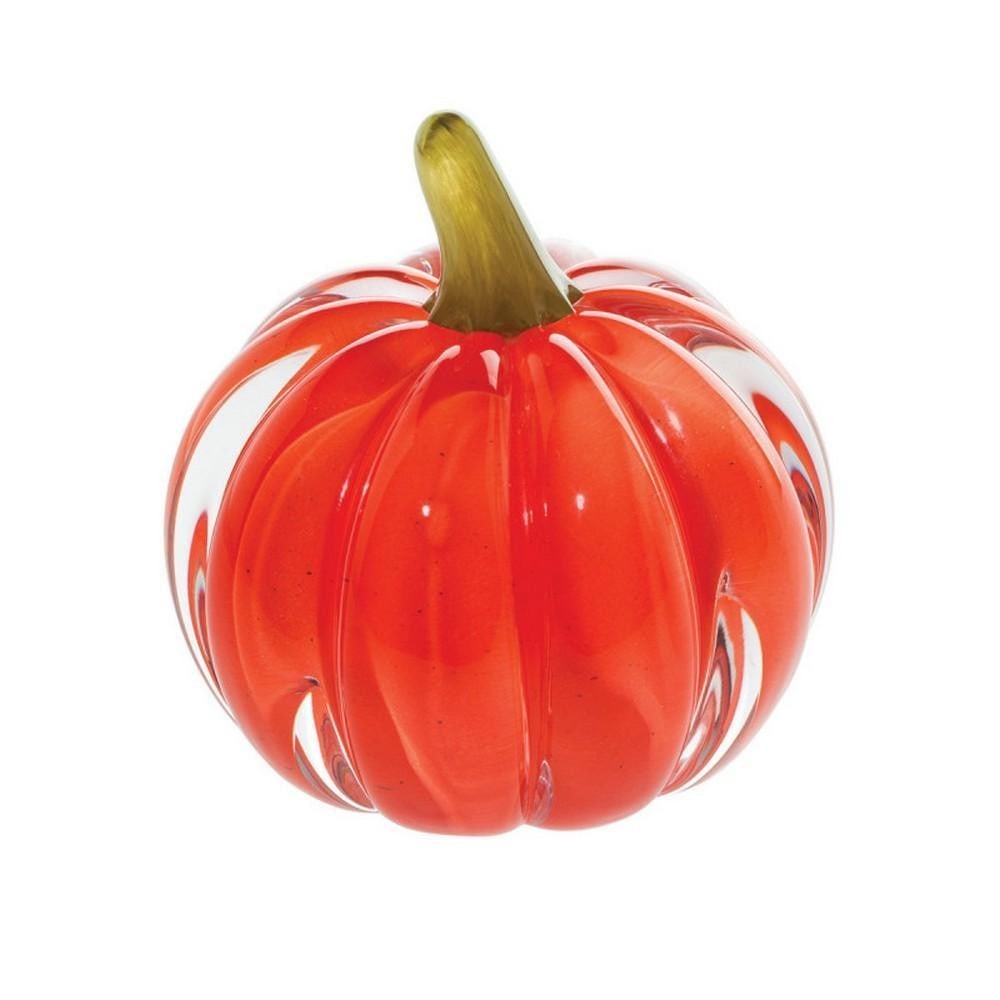 Autumn Glow Medium Pumpkin Paperweight: Autumn Glow Medium Pumpkin Paperweight A handcrafted glass pumpkin, shaped by skilled artisans, perfect for autumn or Halloween displays. Its rich orange tones and jack-o-lantern-inspired design