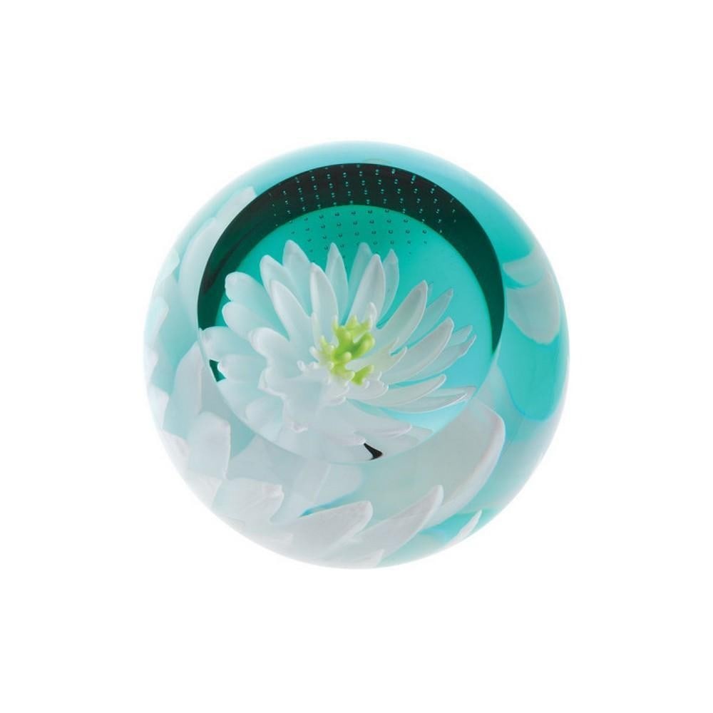 Water Lily Charm Paperweight: Water Lily Charm Paperweight A handcrafted glass paperweight featuring a lifelike water lily encased within a clear dome, surrounded by a soft green outer layer. Created using metal crimps that push