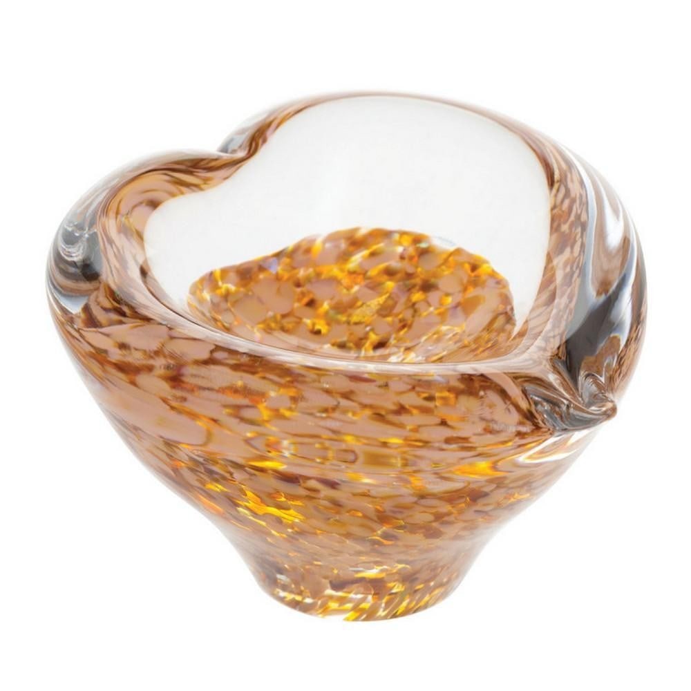 Radiant Gold Heart Bowl: Radiant Gold Heart Bowl A handcrafted glass bowl featuring a lustrous gold heart at its centre. The gentle dip in the middle forms a small trinket holder, making it a charming accent for any dresser
