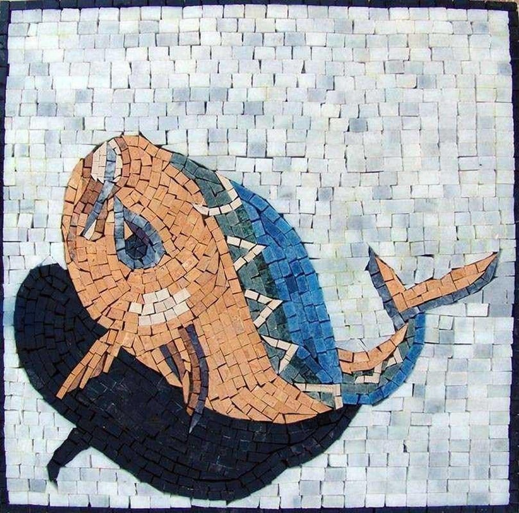 Artistic Fish Mosaic: Artistic Fish Mosaic A handcrafted mosaic depicting a fish, made from natural stones and hand-cut tiles. This piece showcases intricate textures and vibrant colors, capturing the beauty and movement