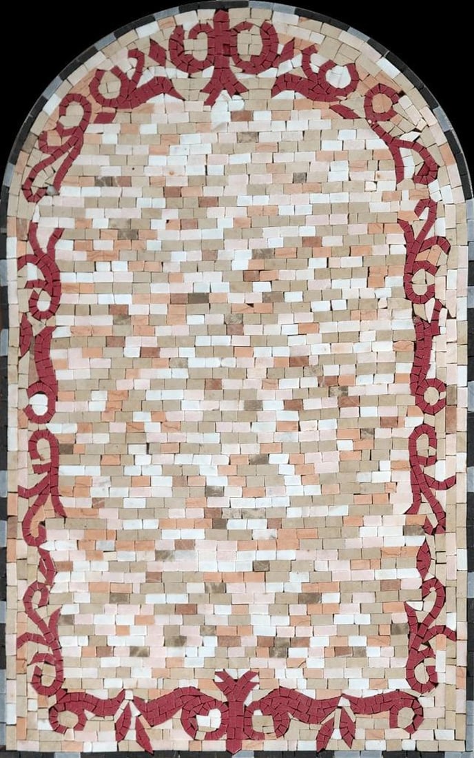 Arched Marble Mosaic Panel: Arched Marble Mosaic Panel A handcrafted arched marble mosaic panel featuring a freestyle geometric pattern in warm orange and beige tones, framed by a rich red botanical border. Made from natural