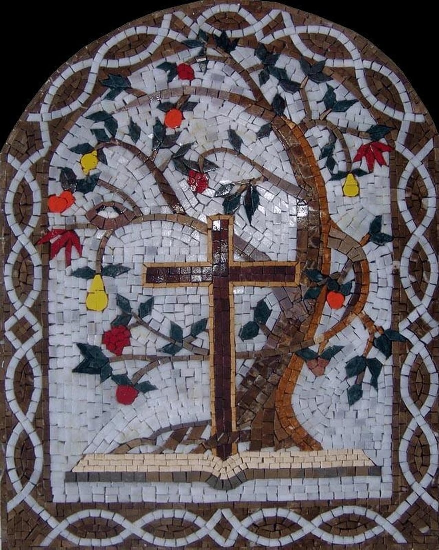 Arched Mosaic of Holy Cross & Tree of Life: Arched Mosaic of Holy Cross & Tree of Life A handcrafted arched mosaic featuring the Holy Cross intertwined with the Tree of Life, symbolizing faith, renewal, and the interconnectedness of all