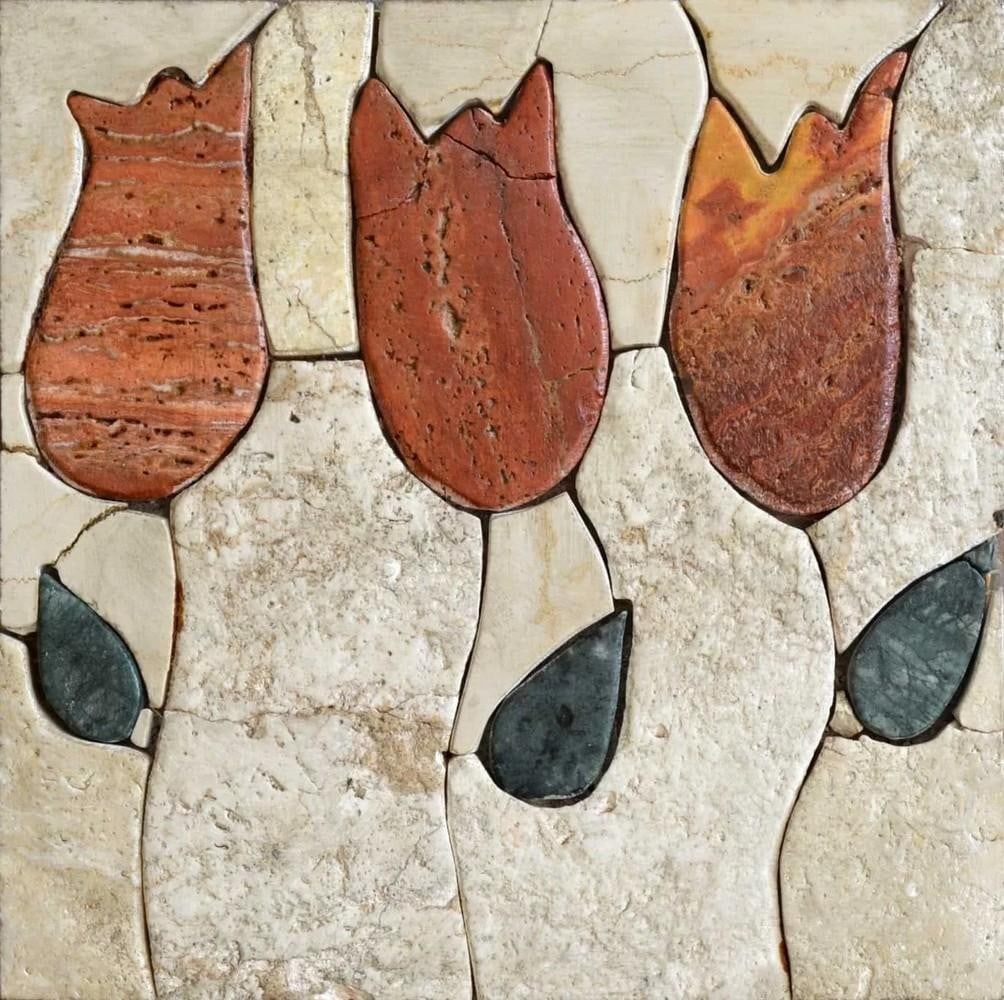 Tulip Pietra Dura Mosaic: Tulip Pietra Dura Mosaic A handcrafted pietra dura mosaic featuring three vibrant tulips in shades of orange. Made from natural stones, this detailed floral design showcases the elegance and texture