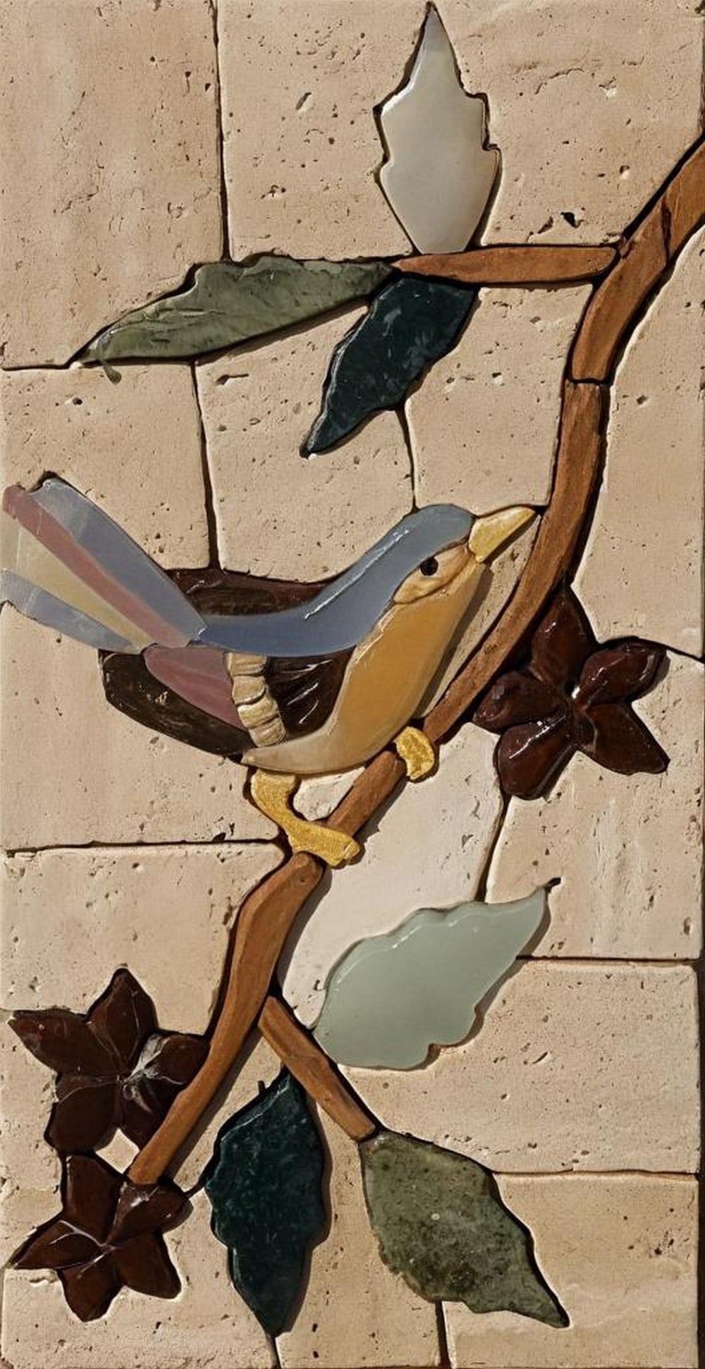 Bird on Branch Mosaic Wall Art: Bird on Branch Mosaic Wall Art A handcrafted stone mosaic depicting a bird perched on a tree branch. Made from natural stones, this artwork highlights textures and subtle color variations for a reali