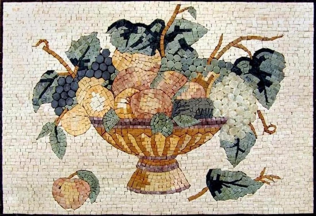 Frutta e Foglie Mosaic Fruit Bowl: Frutta e Foglie Mosaic Fruit Bowl A handcrafted mosaic made from natural stone, featuring a vibrant fruit and leaf design. The piece showcases carefully arranged tiles that create a textured and