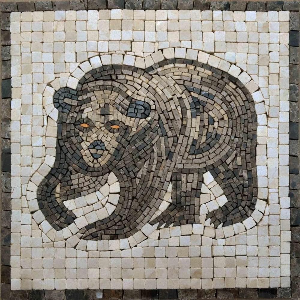 Brown Bear Mosaic: Brown Bear Mosaic A handcrafted mosaic artwork made from natural stone. The design features an illustrated brown bear, created with carefully cut and arranged stone tiles. The piece highlights