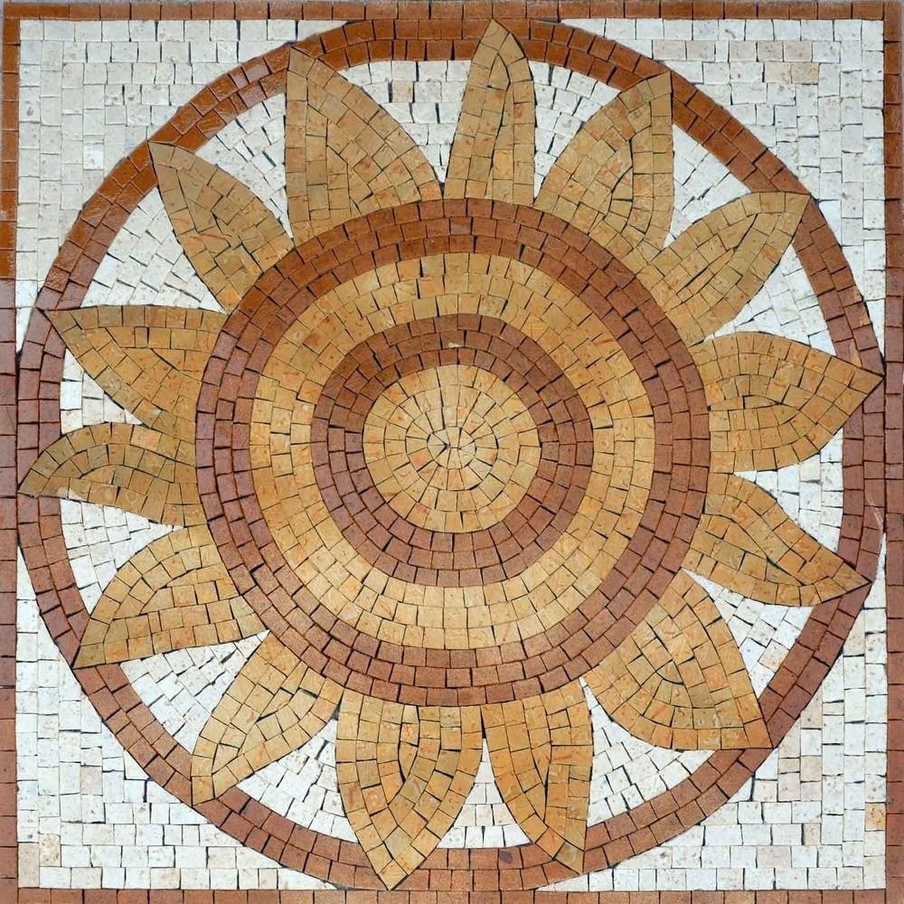 Sunburst Floral Mosaic: Sunburst Floral Mosaic A handcrafted mosaic artwork made from natural stone. The design features a sunflower motif in warm ochre tones contrasted against a dark background, created with carefully cut