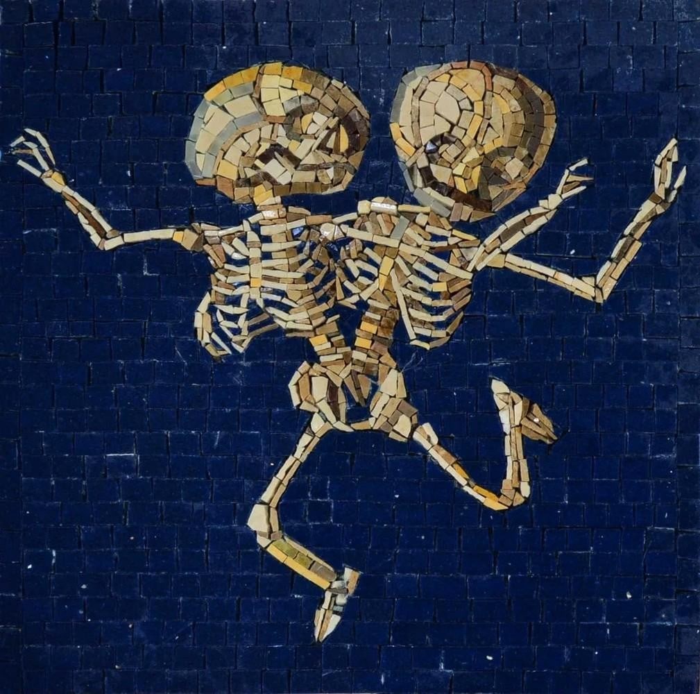 Twin Skeletons Mosaic Mural: Twin Skeletons Mosaic Mural A handcrafted mosaic artwork made from natural stone. The design depicts two intertwined skeleton figures, arranged in a composition that emphasizes movement and