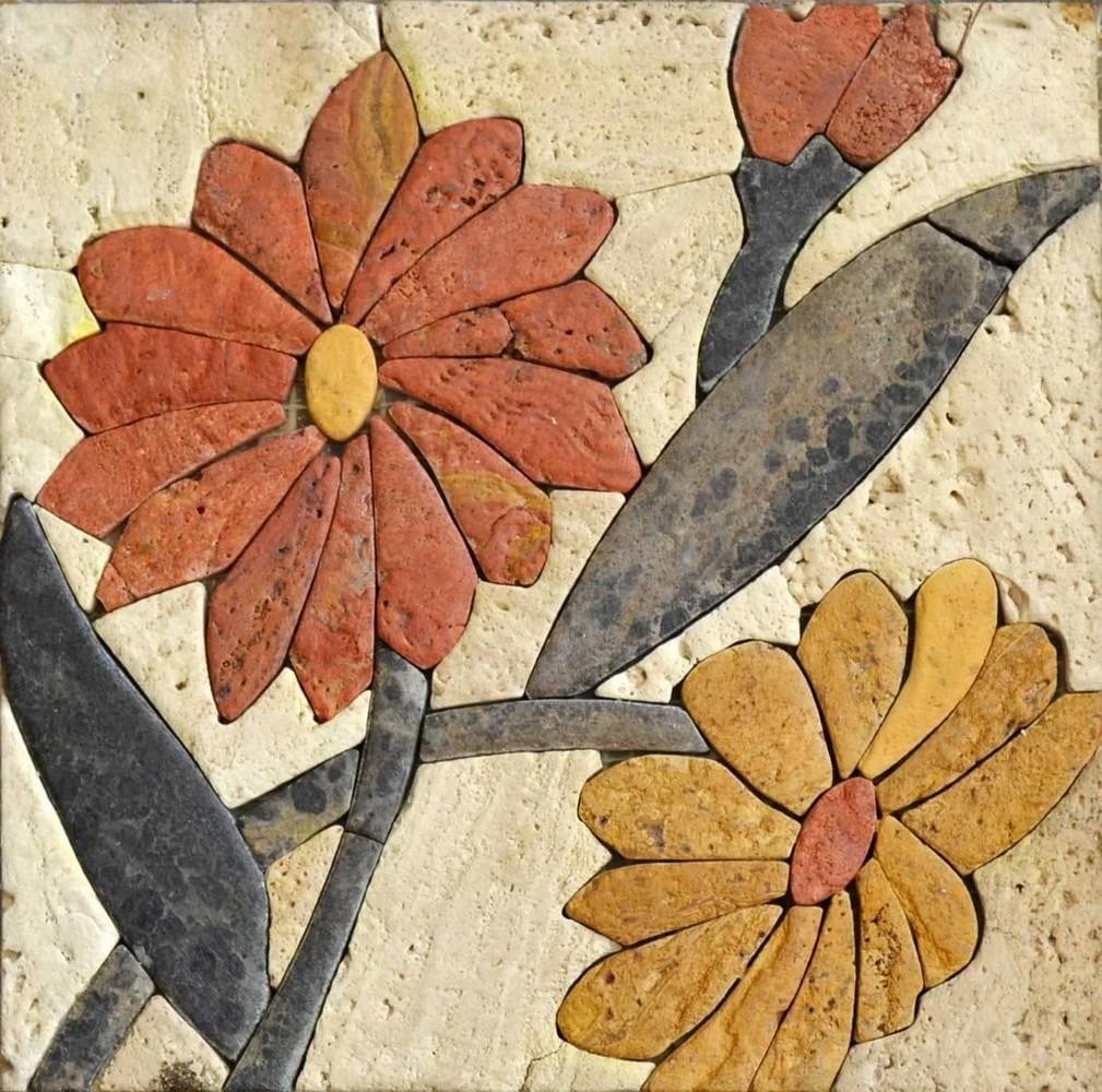 Autumn Bloom Mosaic Tile Art: Autumn Bloom Mosaic Tile Art A handcrafted mosaic artwork made from natural stone. The design features a floral pattern inspired by autumn, with warm tones and detailed stone arrangements. Each tile i
