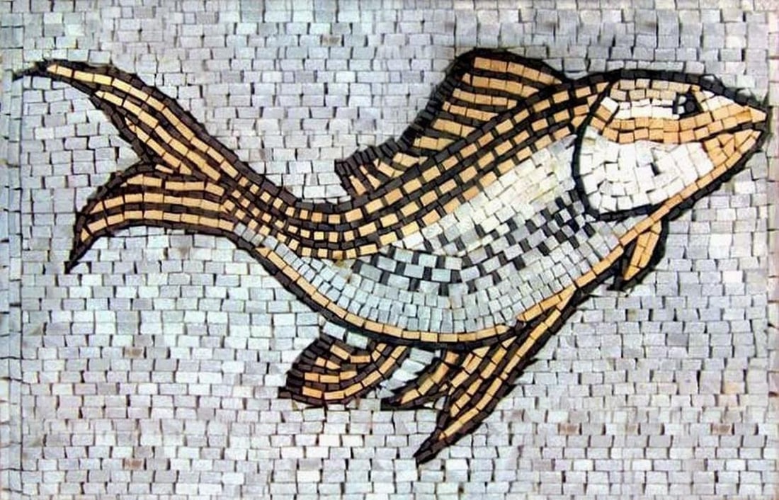 Aquatic Fish Mosaic: Aquatic Fish Mosaic A handcrafted mosaic made from natural stone, featuring a swimming fish design. The piece highlights carefully arranged tiles that create a textured and visually engaging surface,