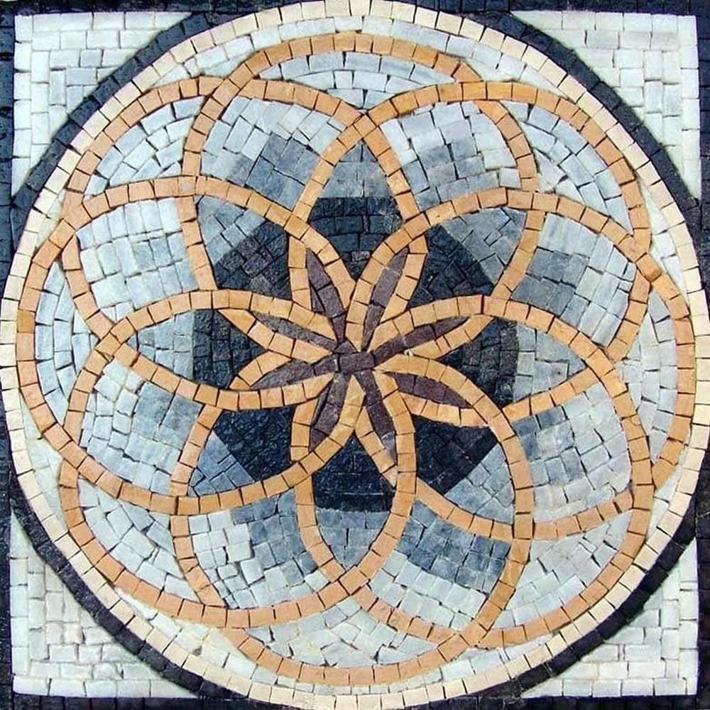Creation Handcrafted Stone Mosaic: Creation Handcrafted Stone Mosaic Creation is a stunning mosaic featuring the Flower of Life pattern, a symbol of harmony and interconnectedness. Handcrafted from natural stone, each tile is