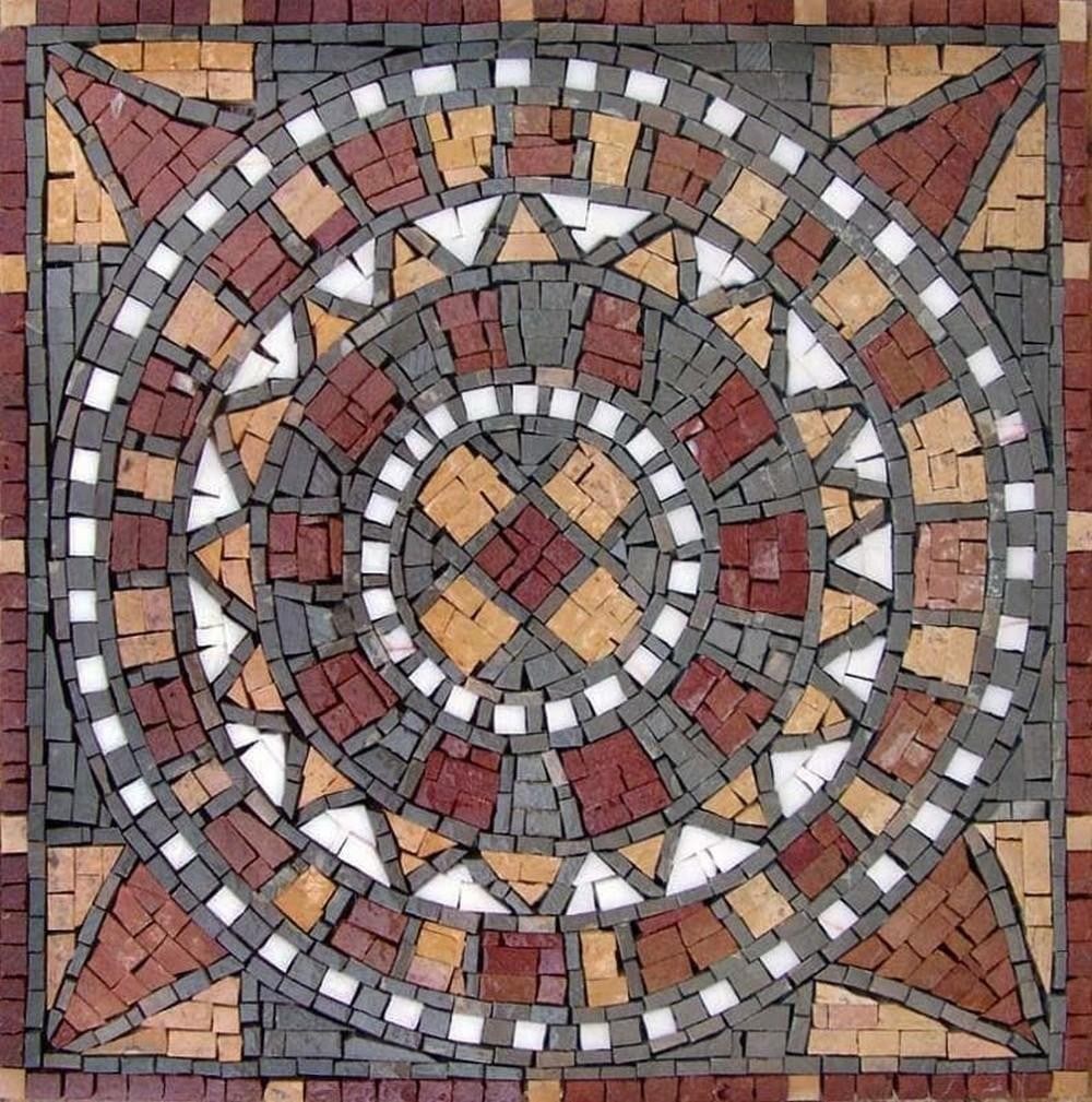 Sun Dial Mosaic: Sun Dial Mosaic A handcrafted mosaic design made from natural stone. The piece features a sun dial motif created by carefully cutting and arranging individual stone tiles, resulting in a detailed and