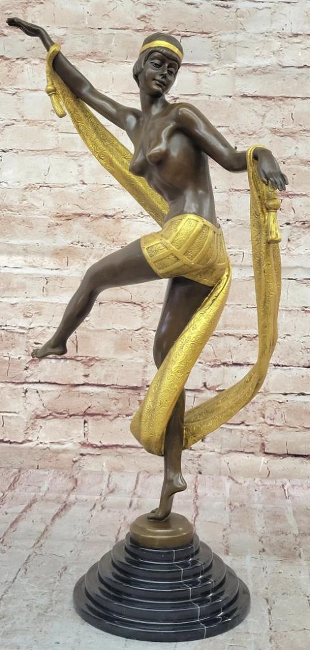 Art Deco Ribbon Dancer Inspired Bronze Sculpture Signed by Rozet - 21" x 14": Art Deco Ribbon Dancer Inspired Bronze Sculpture Signed by Rozet - 21" x 14" Elevate your space with the timeless elegance of the Art Deco era embodied in this exquisite Ribbon Dancer sculptu