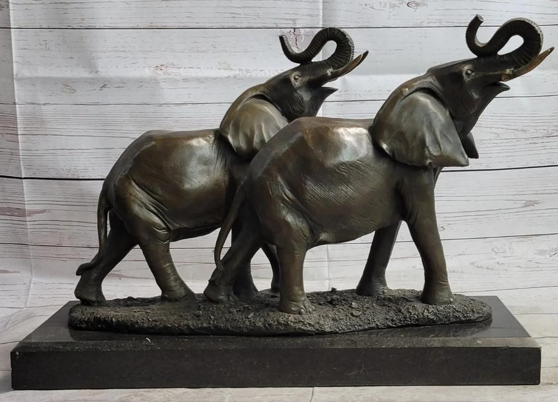 Two Trumpeting Elephants Bronze Metal Statue Sculpture Figure Decor on Marble Base – 12" x 18" (1 of 6)