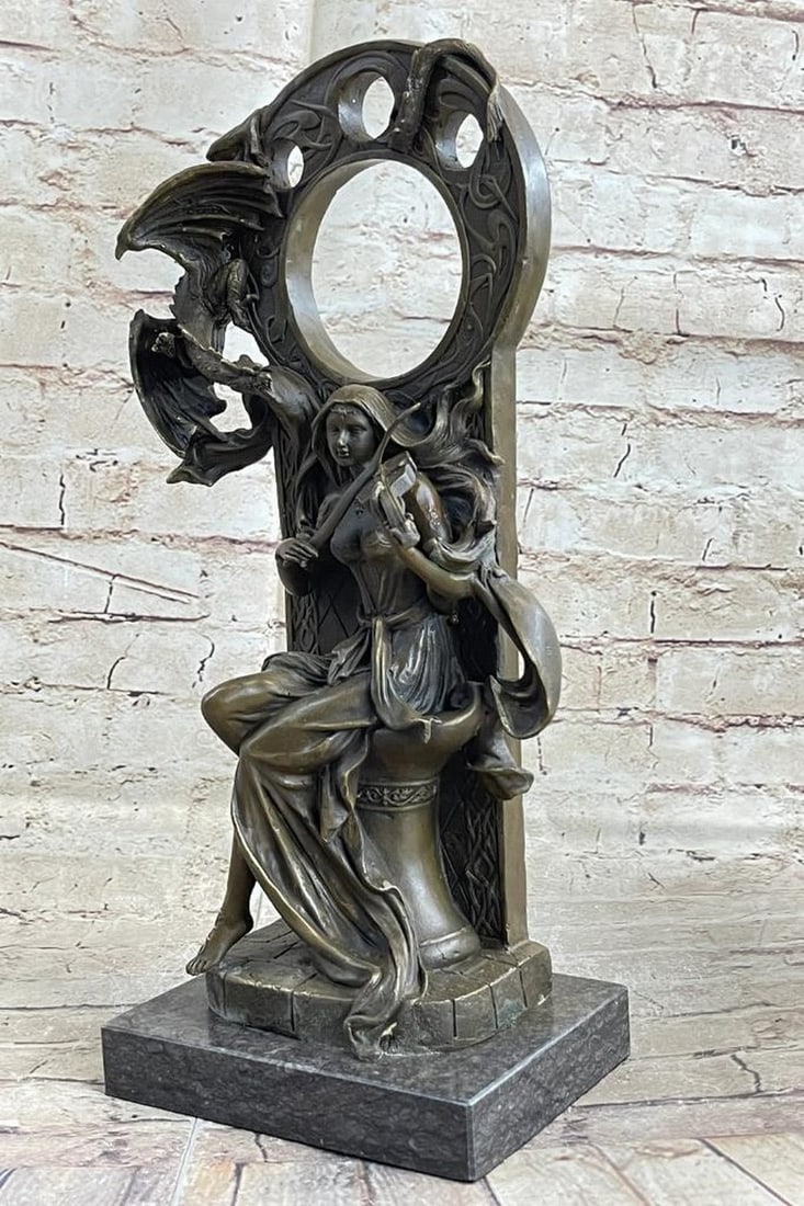 Dragon Girl Playing Violin – Bronze Sculpture Fantasy Art – 16" x 8": Dragon Girl Playing Violin – Bronze Sculpture Fantasy Art – 16" x 8" An enchanting bronze sculpture by Jean Patoue, depicting a graceful woman accompanied by a fierce dragon. Crafted with