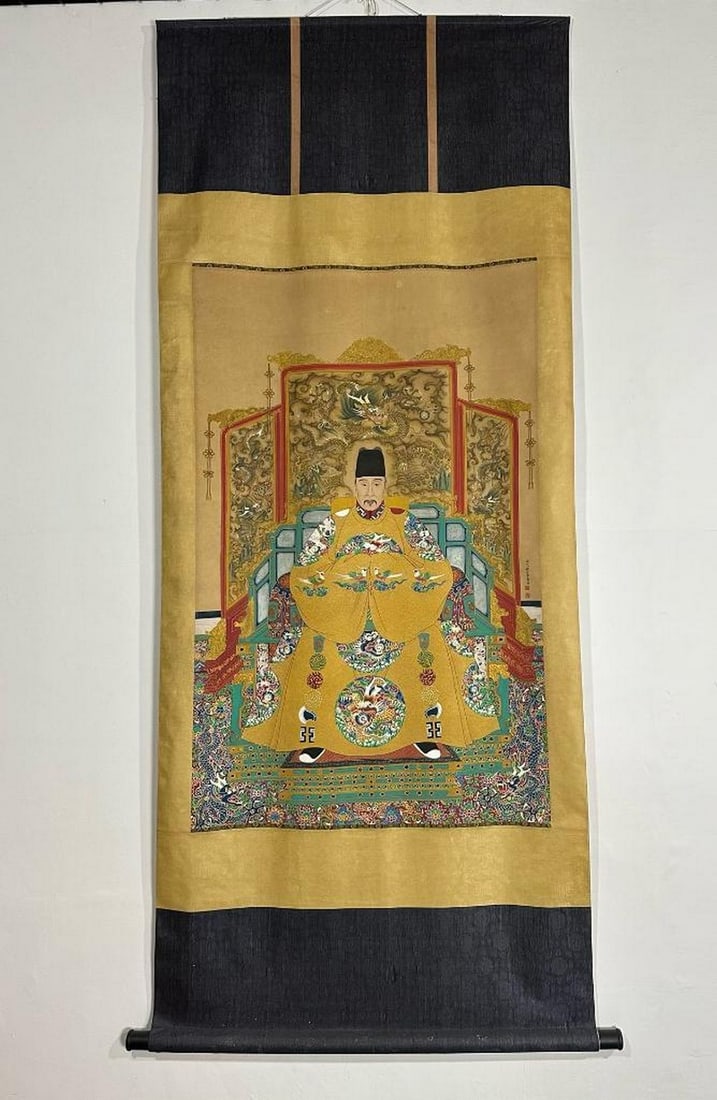 Imperial Majesty Inspired Scroll Painting by Lang Shining: Imperial Majesty Inspired Scroll Painting by Lang Shining This exceptional silk scroll, inspired by the imperial artistry of Lang Shining, features a regal figure seated on an ornate throne, surrounde