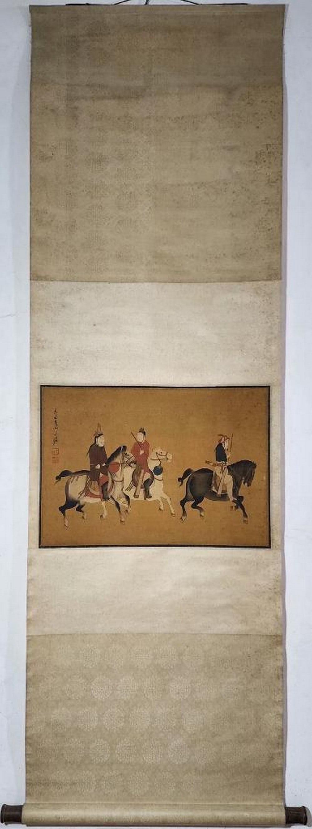 Equestrian Elegance Inspired Scroll Painting by Zhang Daqian: Equestrian Elegance Inspired Scroll Painting by Zhang Daqian This finely handpainted silk scroll, inspired by the dynamic style of Zhang Daqian, captures a moment of historical grace as four riders an